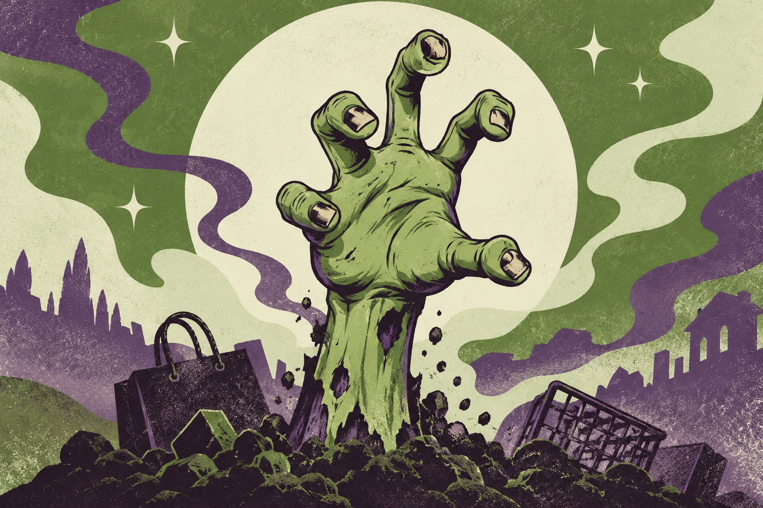 friendly retro cartoon zombie hand emerging from lime and purple abstract shapes, vintage horror poster art, no gore no text